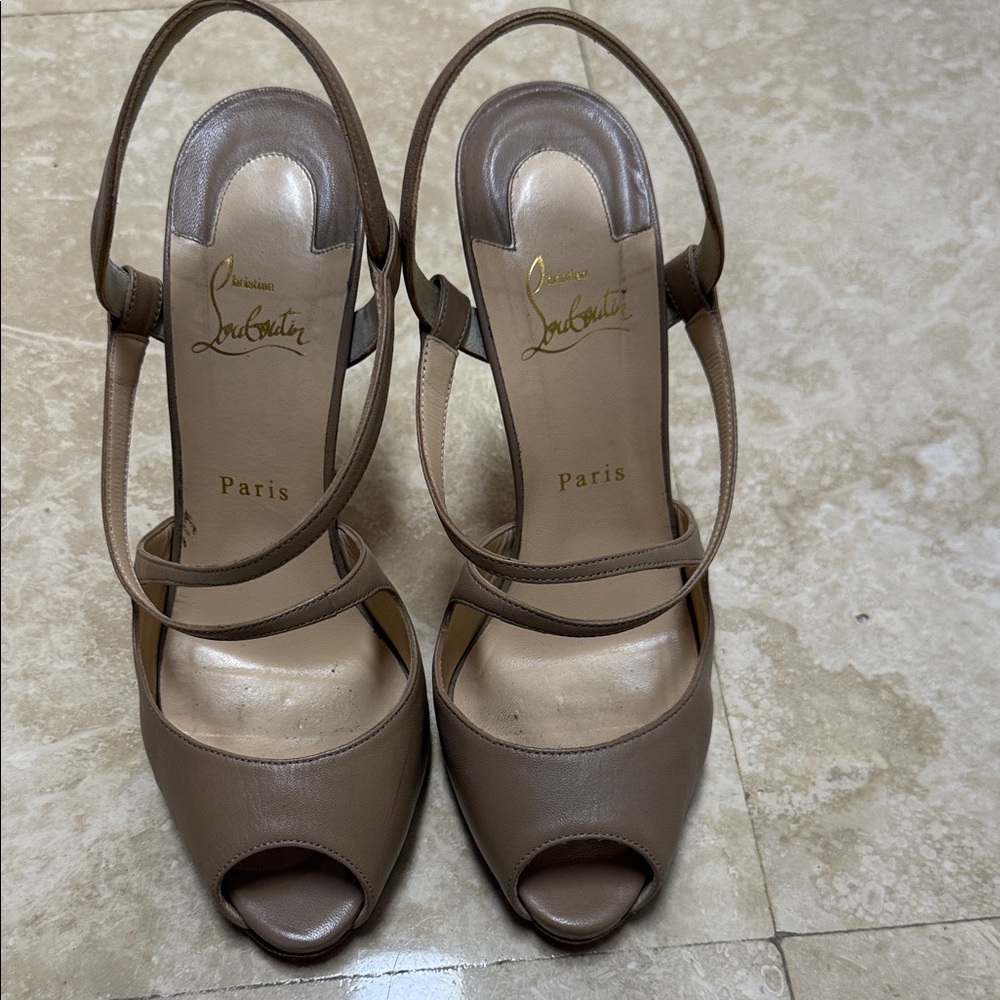 Christian Louboutin Tan Strappy Peep Toe Heels